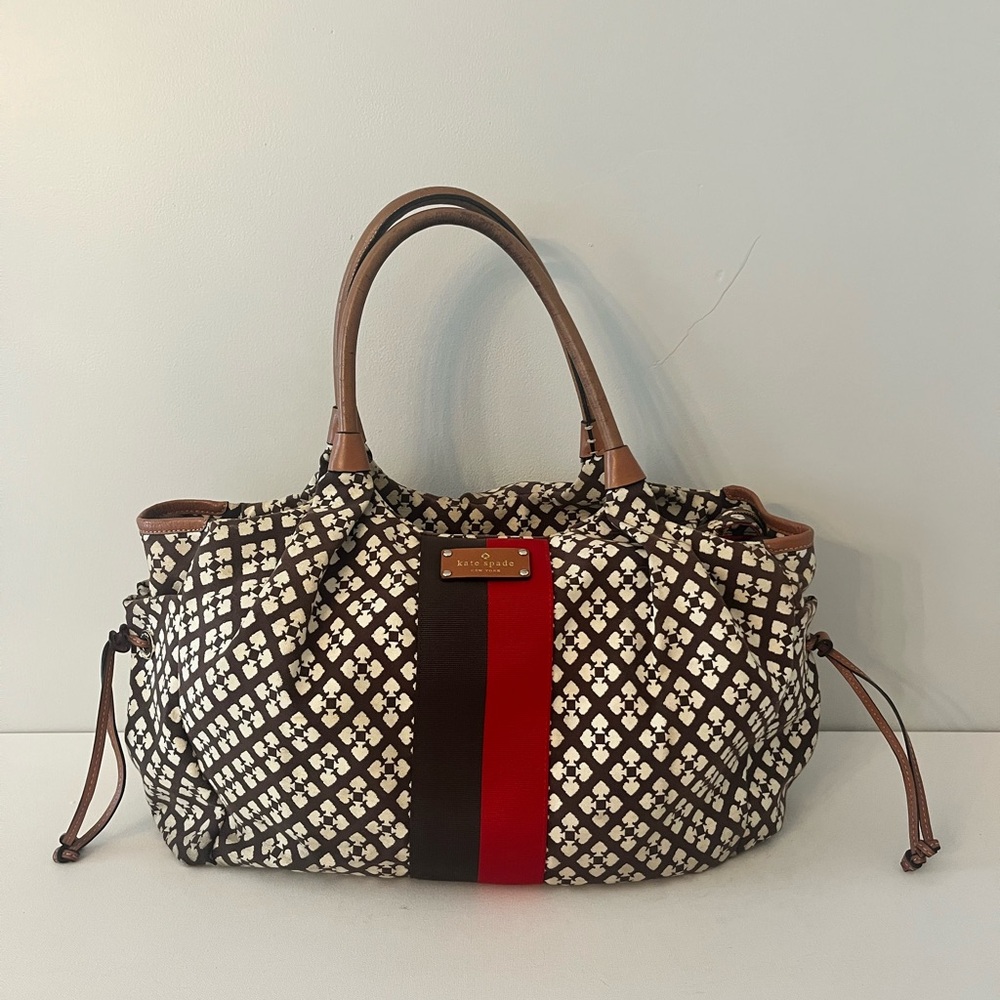 kate spade Brown White Patterned Baby Bag with Red and Black Stripe